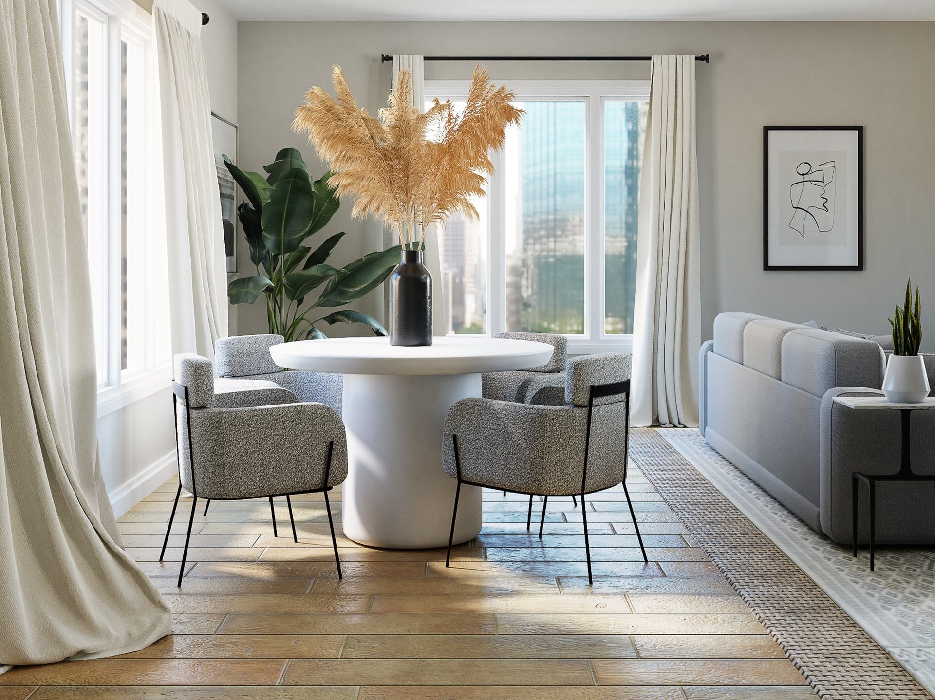 white and gray sofa chairs near white window curtain